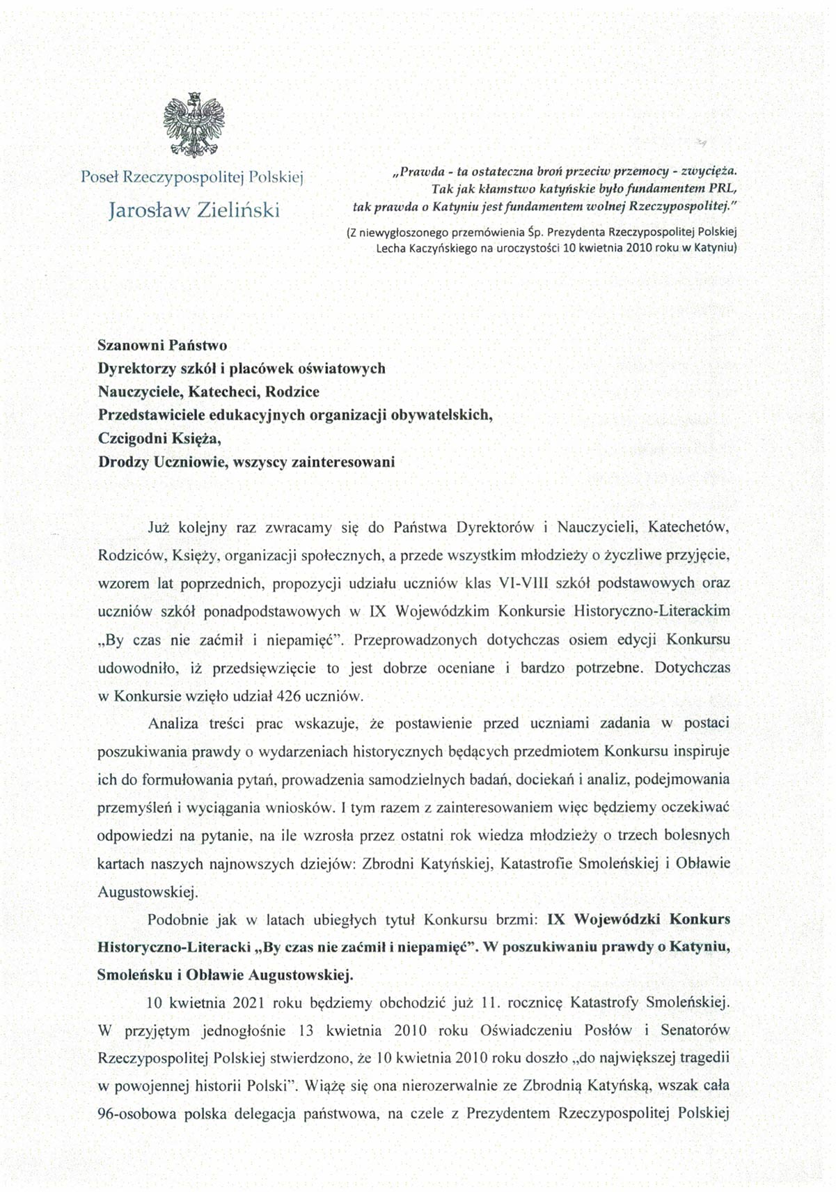 List posła Jarosława Zielińskiego 1